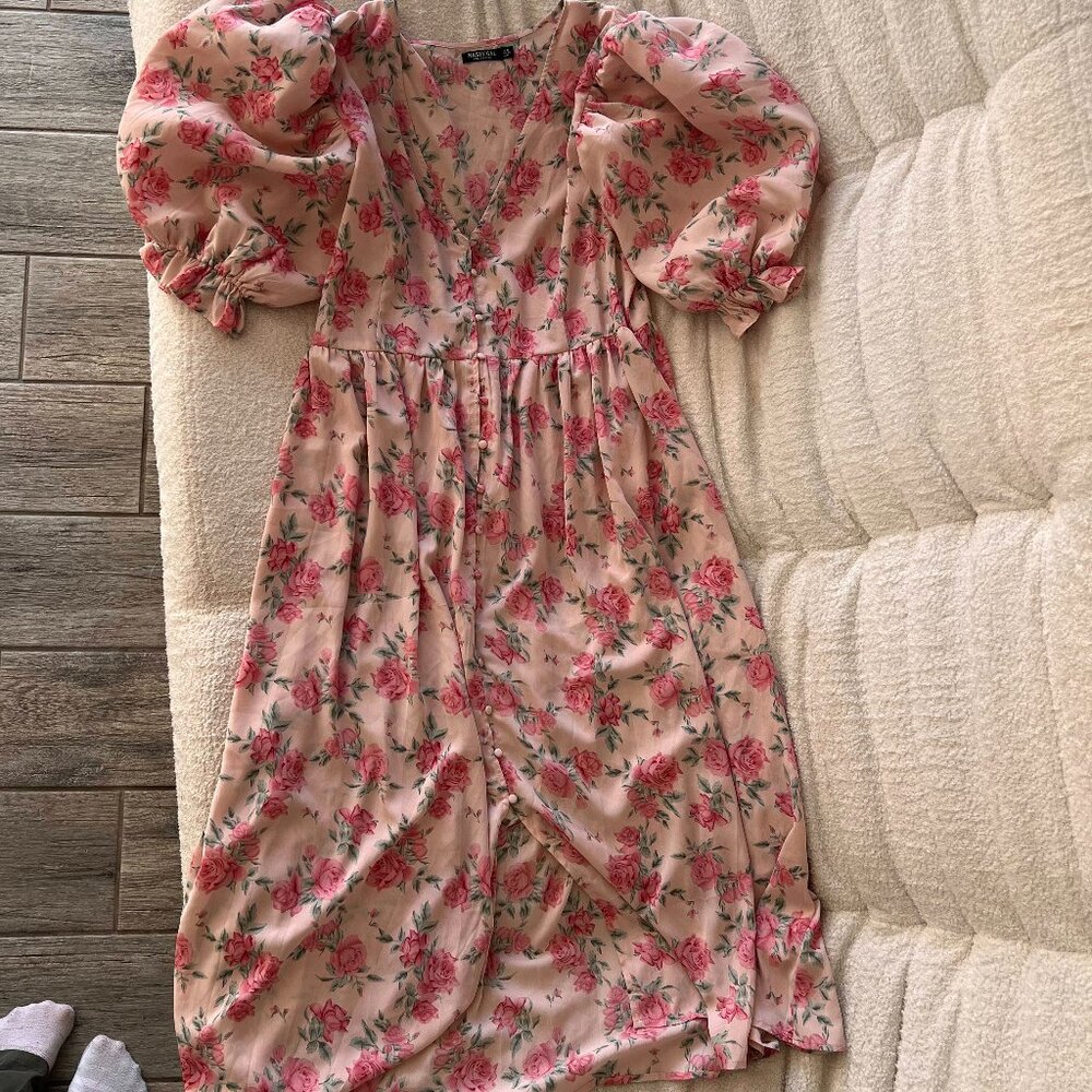 Nasty Gal Floral Chiffon Dress with Ruffled Sleeves
